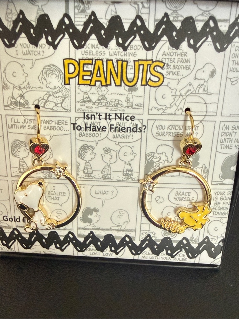 Peanuts Gold-Tone Snoopy & Woodstock Hoop Earrings with Red and White Accents